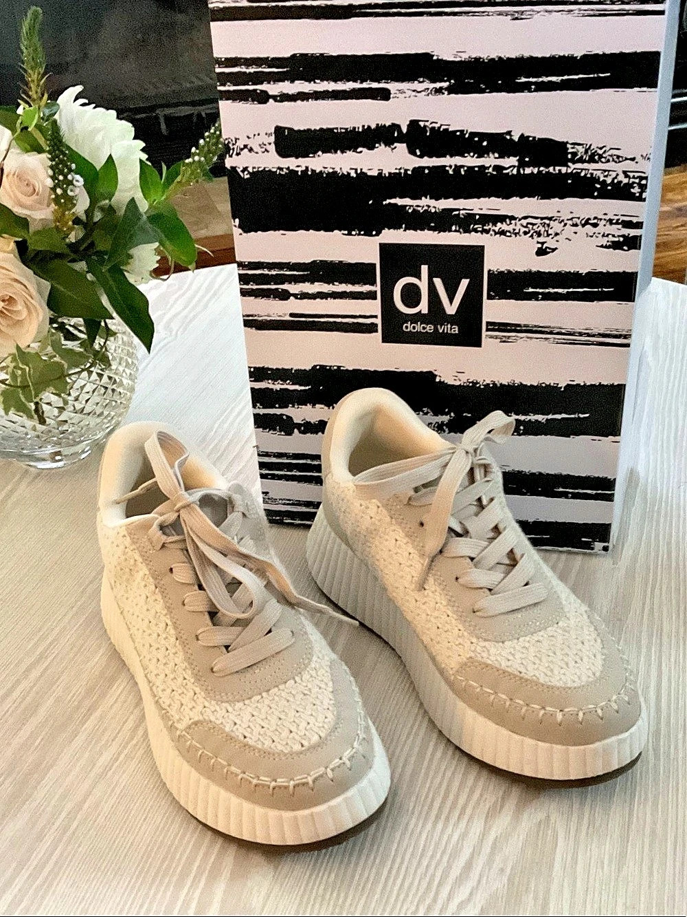 Dolce Vita Frida Knit Platform Sneakers Cream & Brown US 7